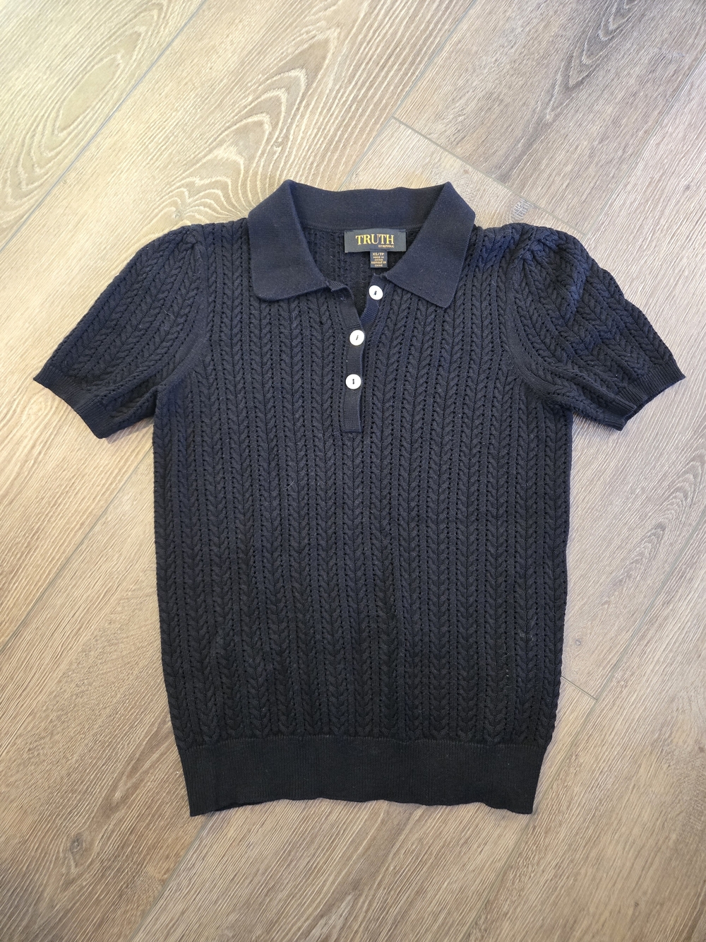 TRUTH Black Short-Sleeve Cable-Knit V-Neck Polo Sweater